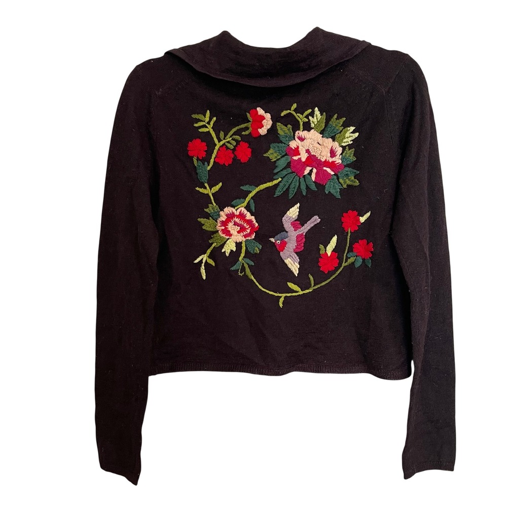 Nicole Farhi Mohair Silk Cardigan Brown Embroidered Bird Floral Back Size M